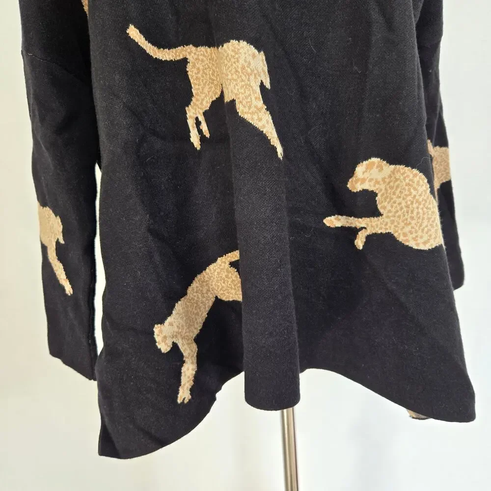 Entro Oversized Cheetah Sweater Black Mock Neck Novelty Animals Women Small